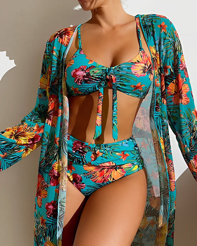 Lucía™ | Conjunto de bikini floral tropical elegante con cubresol.